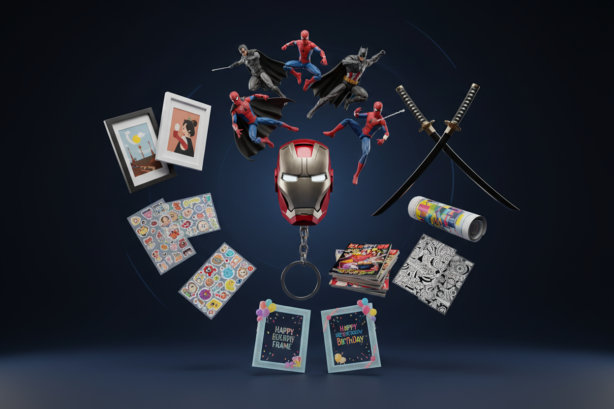 Action Figures, Iron Man Helmet Keychains, Custom Photos, Katanas, Magzines, Posters, sticker sheet, doodle sheets, Birthday Photos, and frames and more great deals waiting for you. i need dark background and awesome pics in 3D